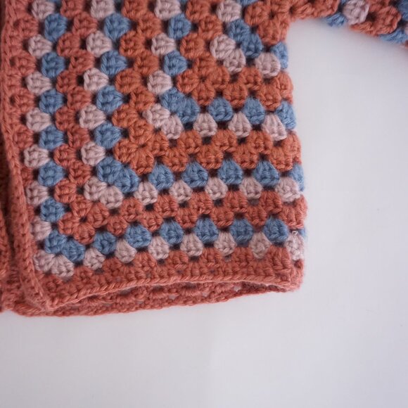 Handmade Crochet Granny Square Cardigan Dusty Rose & Blue Balletcore Sweater S - Picture 7 of 11